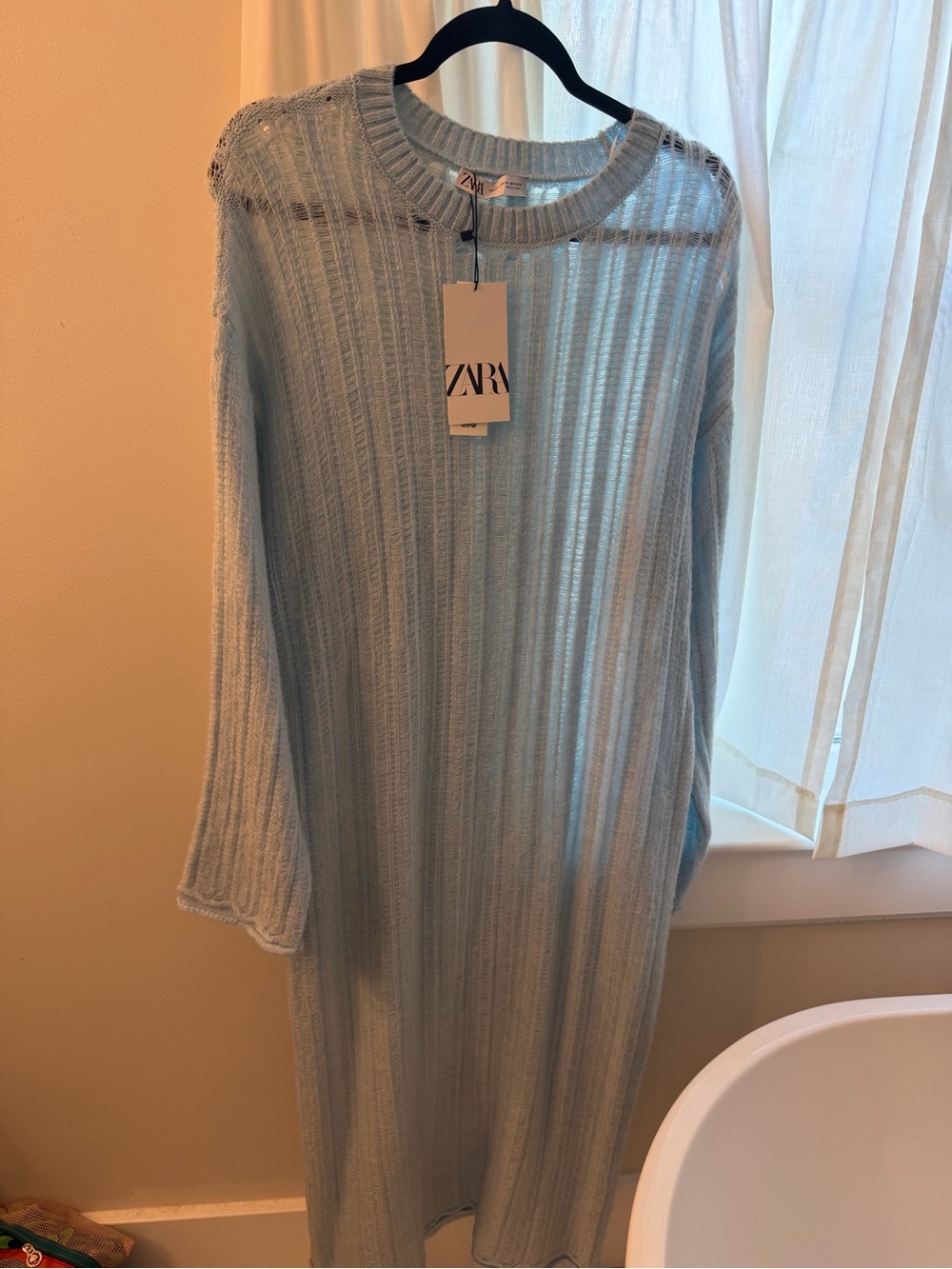 ZARA NWT Powder Blue Ribbed Open Knit Sweater Dress